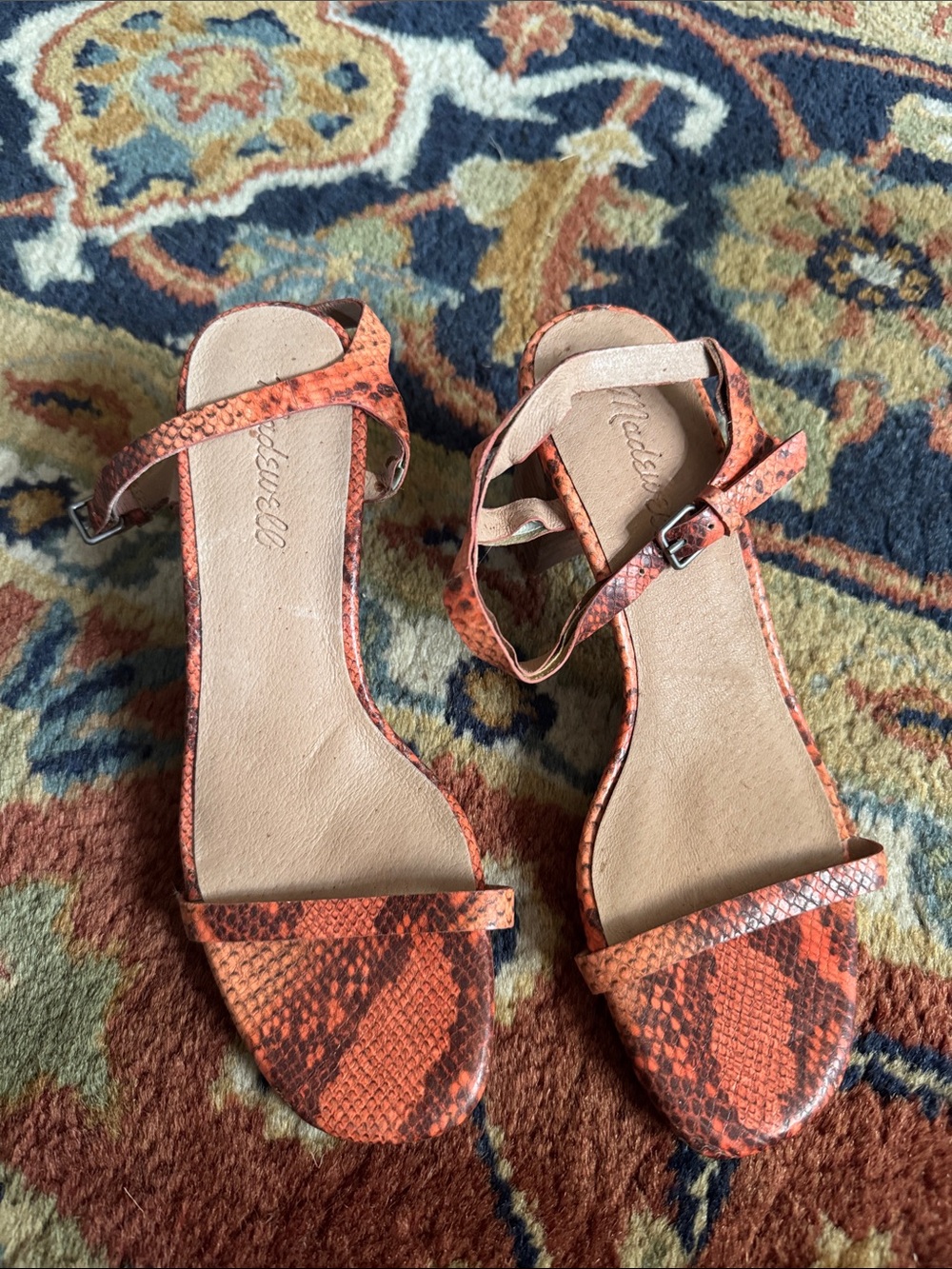 Madewell Women's Orange Snake-Print Ankle Strap Sandals